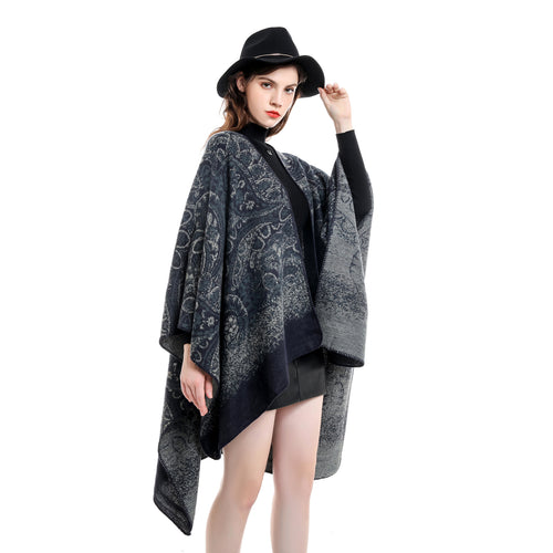 Damen Paisley-Jacquard-Capeponcho aus Wollmix mit Zierkettelnaht Drune
