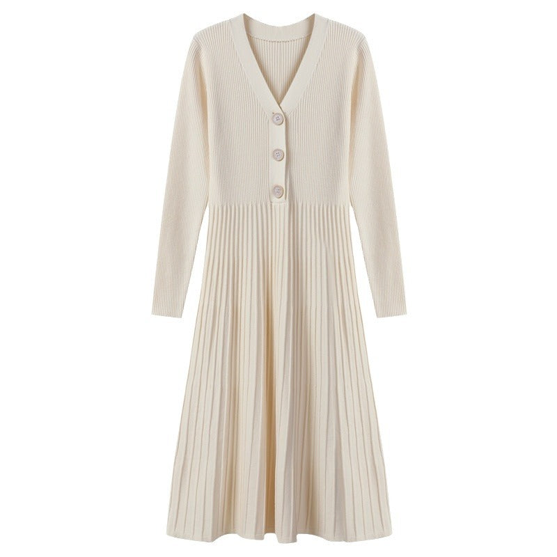 Damen Strickkleid mit V-Ausschnitt und dekorativen Knopfdetails Drune