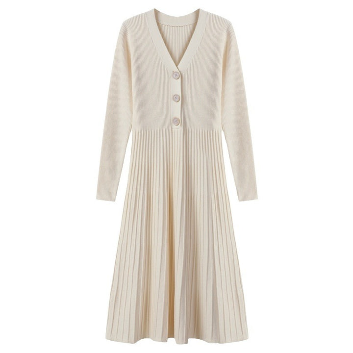 Damen Strickkleid mit V-Ausschnitt und dekorativen Knopfdetails Drune