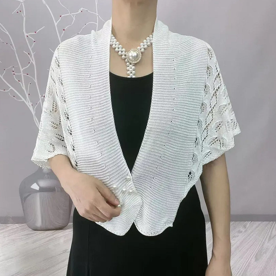 Damen elegante Strickjacke mit Spitzenmuster und Perlenknöpfen Drune