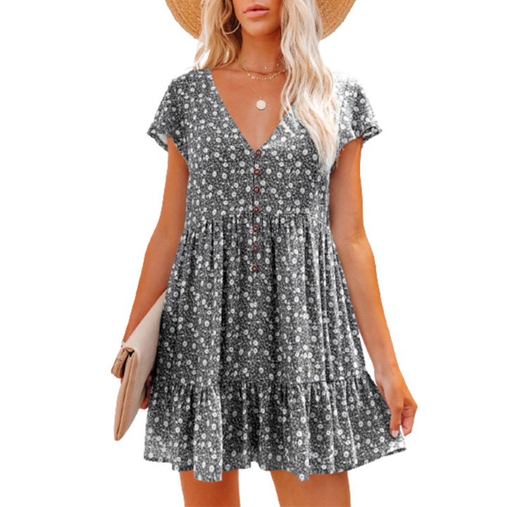 Damen Blümchen Kleid mit Knopfleiste und Volantdetails Drune