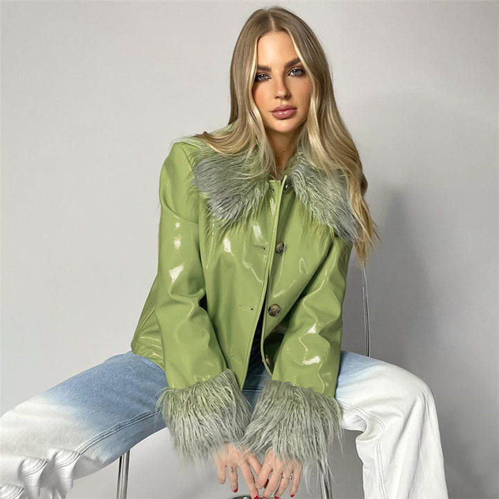 Damen modische Jacke mit luxuriösem Kunstpelzkragen und glänzender Oberfläche Drune