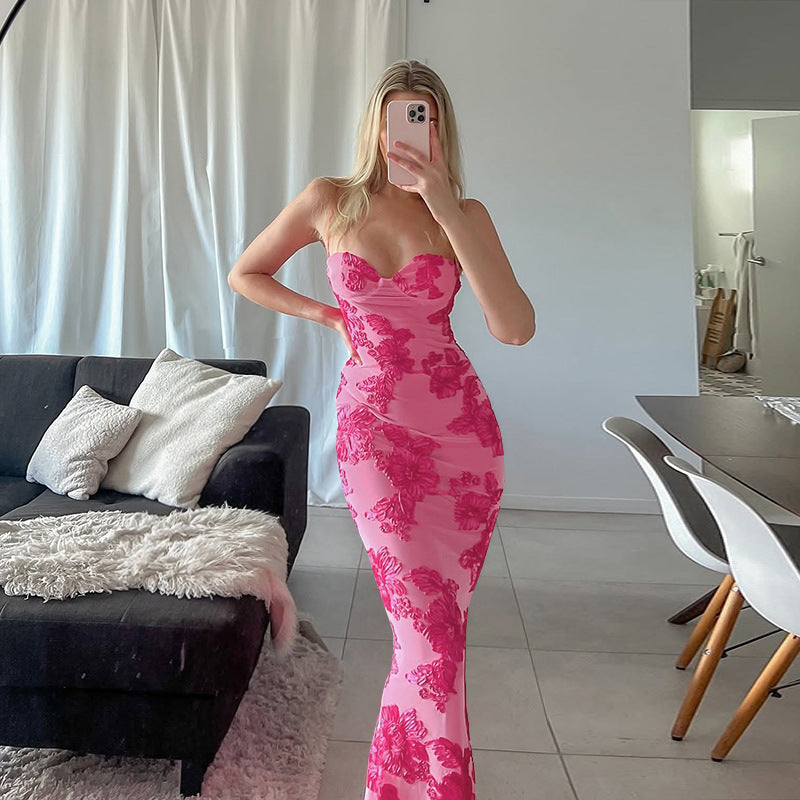 Damen elegantes Spitzen-Maxikleid mit herzförmigem Ausschnitt und fließendem Rüschendesign Drune