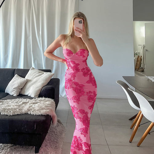 Damen elegantes Spitzen-Maxikleid mit herzförmigem Ausschnitt und fließendem Rüschendesign Drune