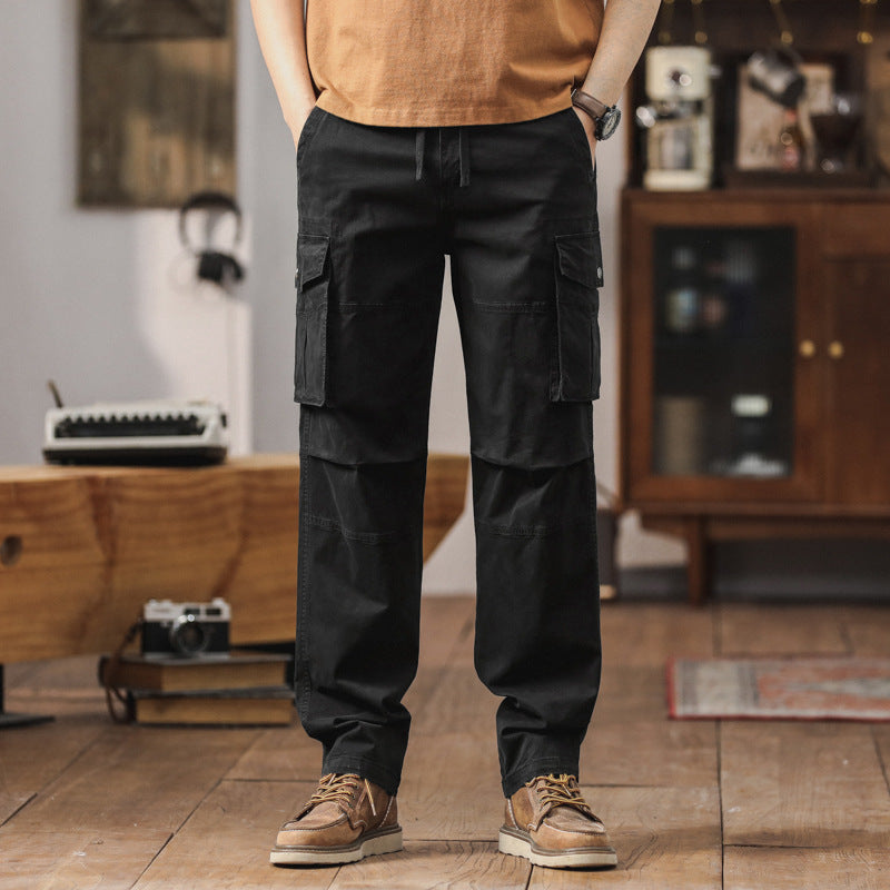 Herren Gerade geschnittene Canvas-Cargohose mit Klapp-Utility-Taschen und Kordelbund Drune
