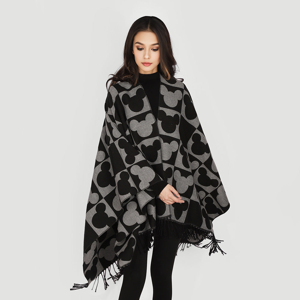 Damen Oversize-Capeponcho mit Jacquard-Motiv und Fransen Drune