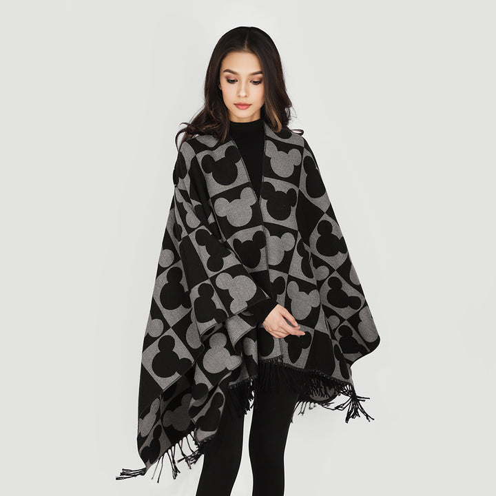 Damen Oversize-Capeponcho mit Jacquard-Motiv und Fransen Drune