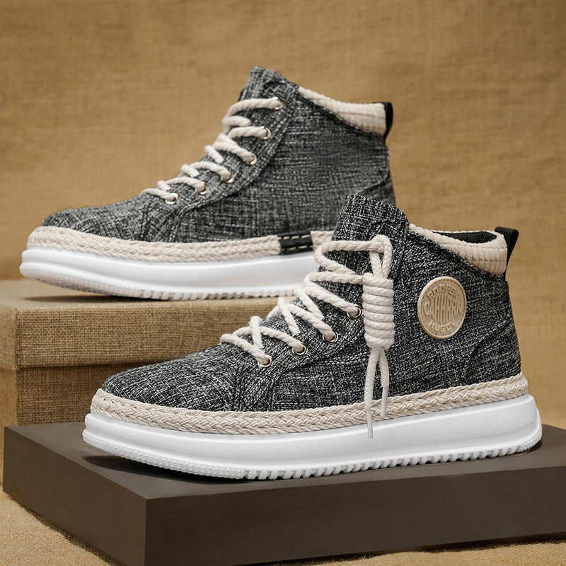 Damen hohe Freizeit‑Sneaker mit meliertem Textilobermaterial, geflochtener Jute‑Zierkante und gedämpfter Plateau‑Sohle Drune