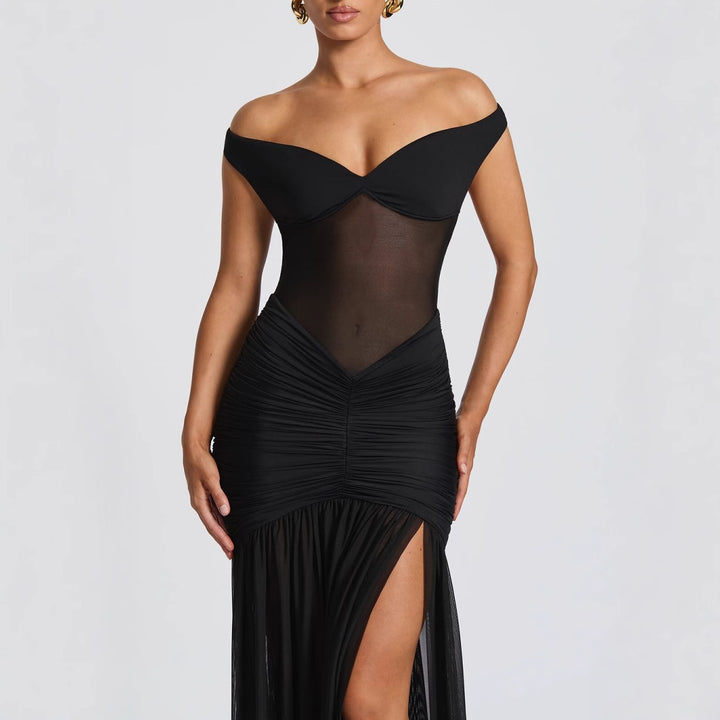 Damen Elegantes Maxikleid mit schulterfreiem Design und raffinierten Faltenwurf Drune