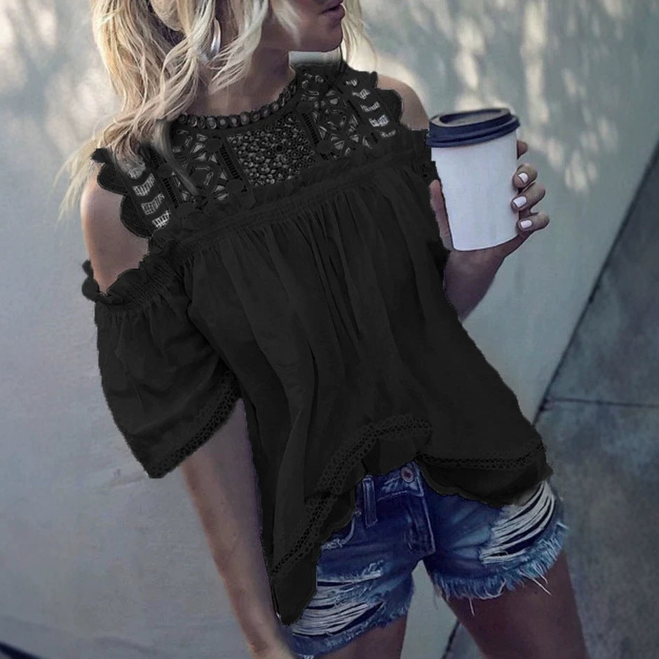Damen nan luftige Cold-Shoulder-Bluse mit gehäkeltem Stehkragen, geraffter Brustpartie und gewelltem Saum Drune