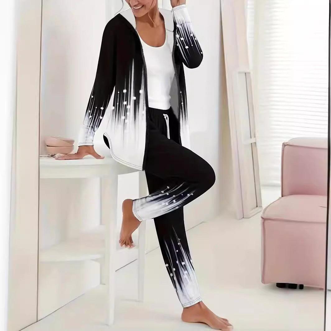 Damen Zweiteiliges Lounge-Set mit Kapuzenjacke und Tunnelzug-Jogginghose mit digitalem Verlaufprint Drune