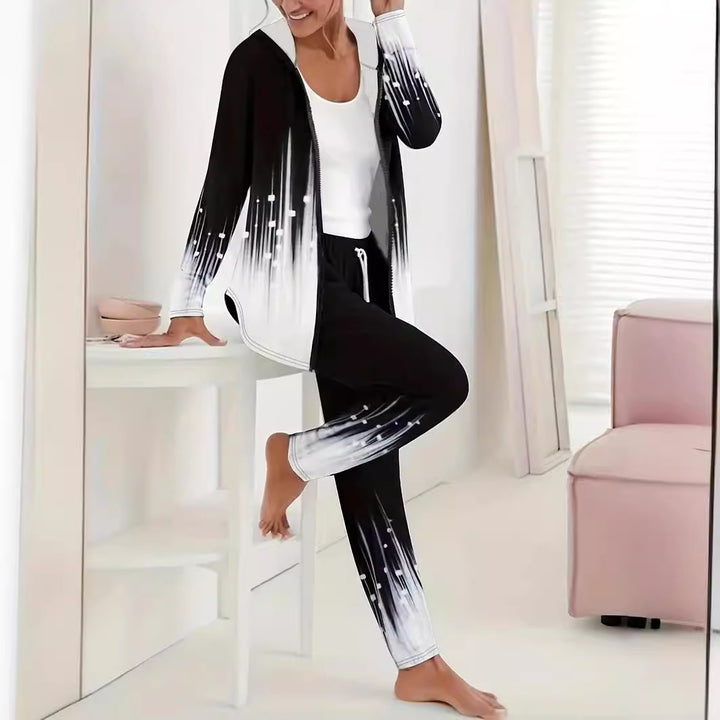 Damen Zweiteiliges Lounge-Set mit Kapuzenjacke und Tunnelzug-Jogginghose mit digitalem Verlaufprint Drune