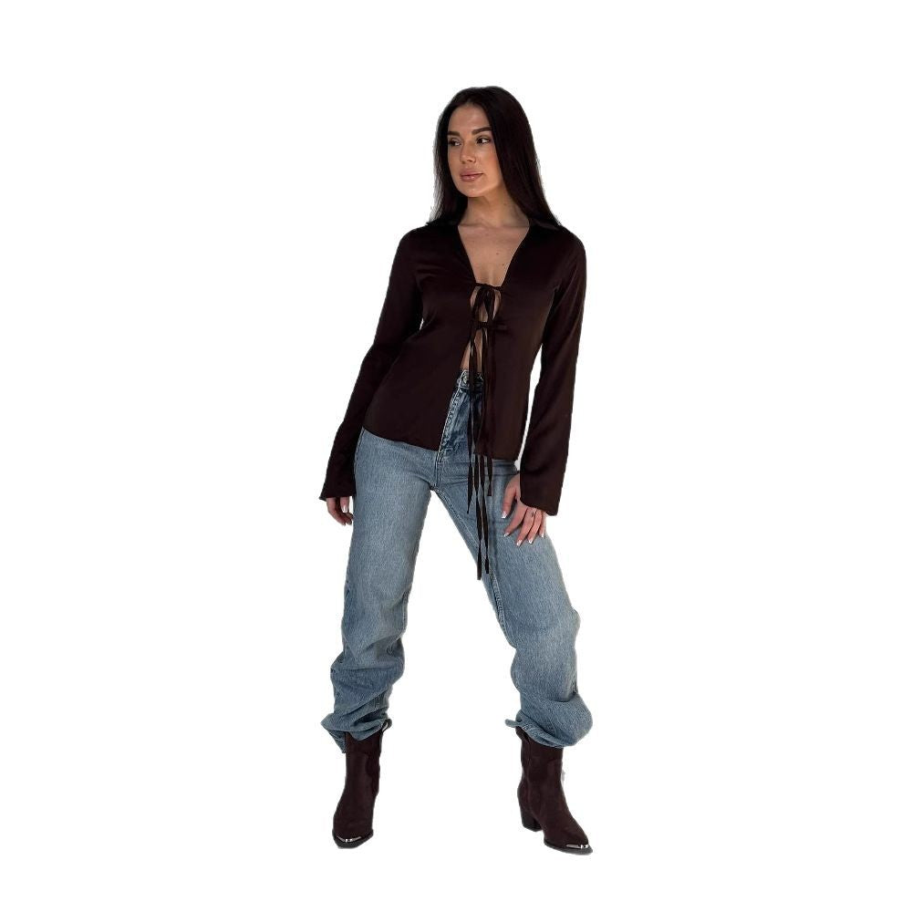 Damen Elegante Bluse mit dekorativem Schnürdetail und weitem Arm Drune
