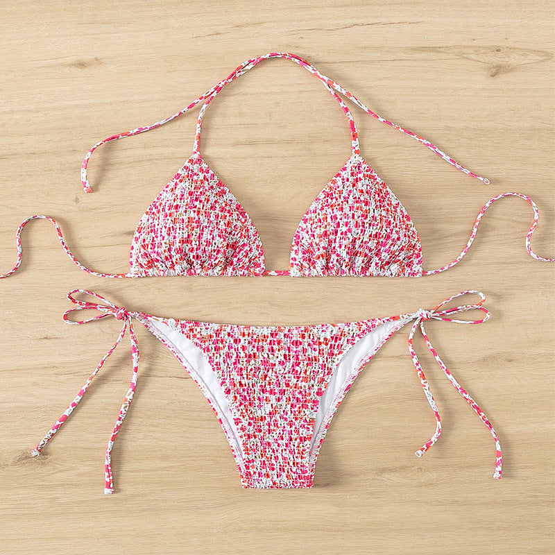 Damen Triangelbikini mit verspieltem Blütenmuster und einstellbaren Bindebändern Drune