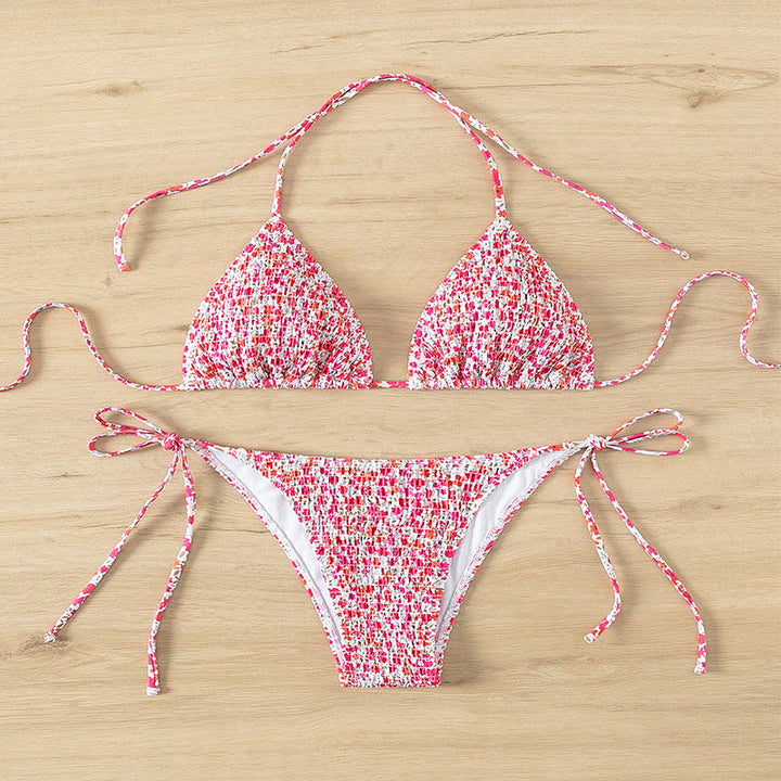 Damen Triangelbikini mit verspieltem Blütenmuster und einstellbaren Bindebändern Drune