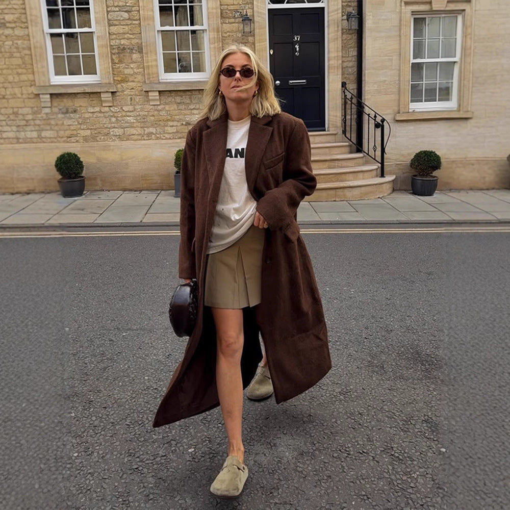 Damen Maxilanger Boxy-Mantel aus Teddy-Fauxfur mit Reverskragen und Eingrifftaschen Drune