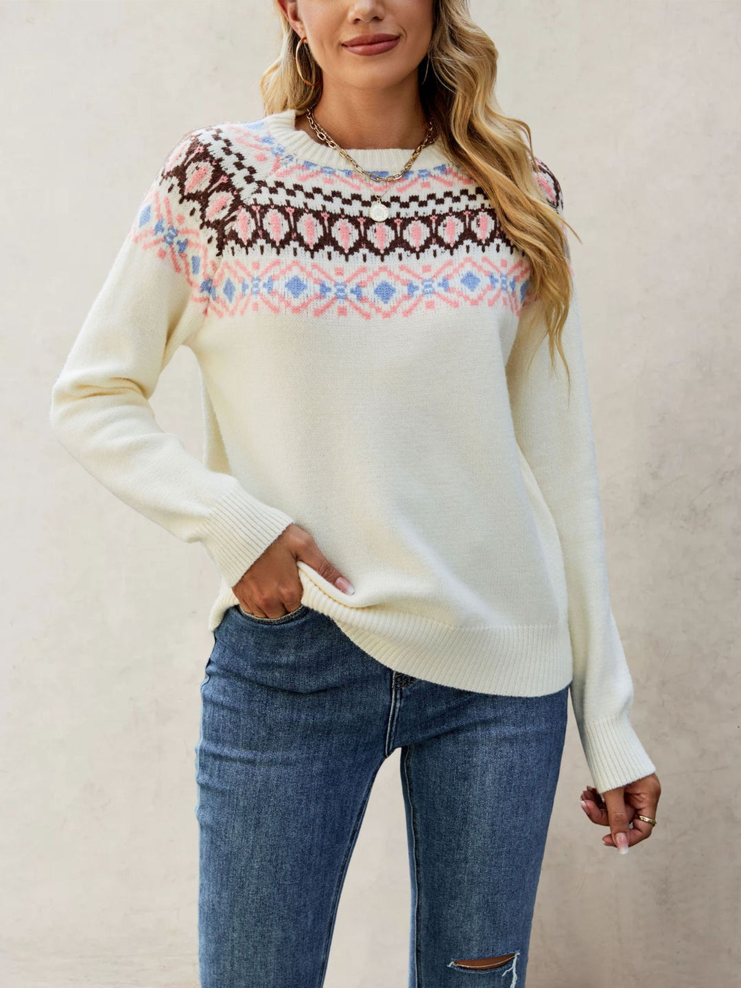 Damen Nordic-Muster Pullover mit Rundhalsausschnitt und lässigem Schnitt Drune