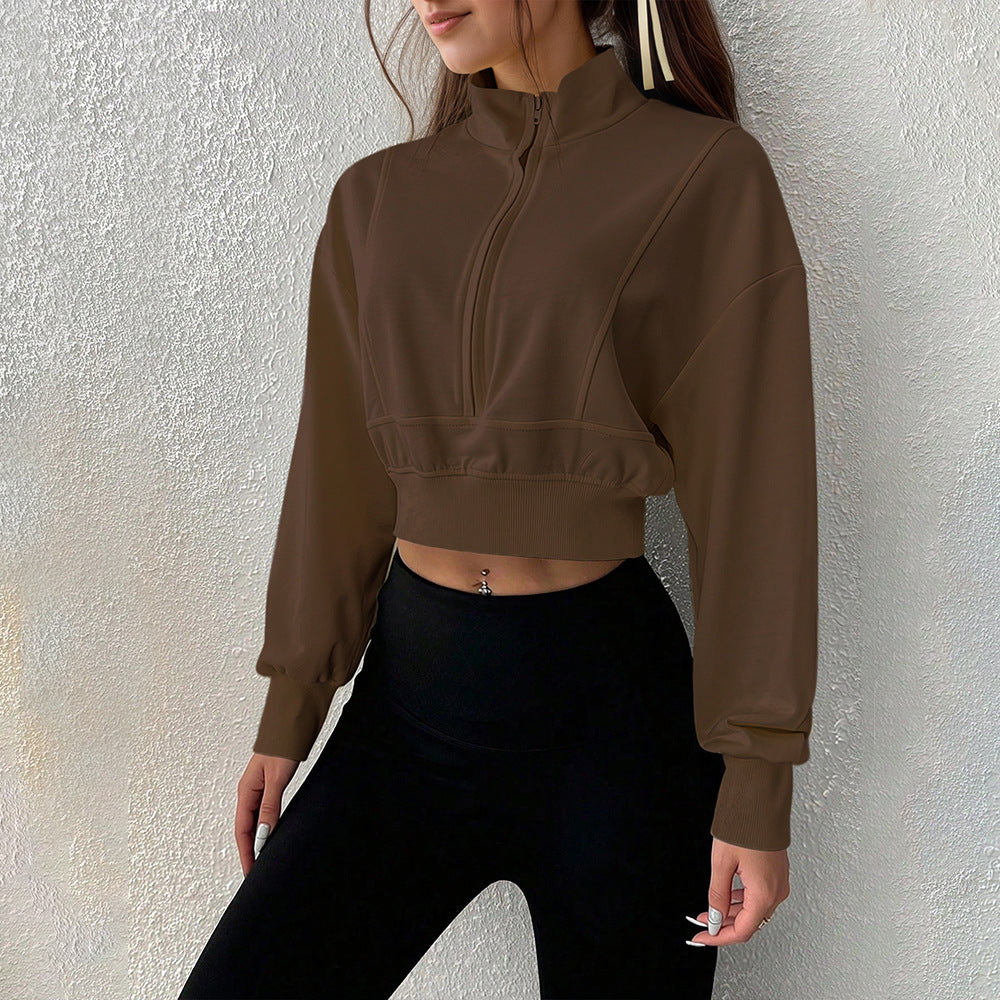 Damen kurzes Stehkragen-Sweatshirt mit halbem Reißverschluss, tailliertem Rippenbund und Daumenloch-Ärmeln Drune
