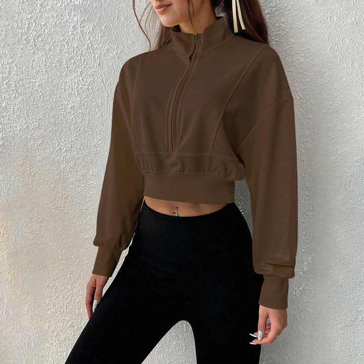 Damen kurzes Stehkragen-Sweatshirt mit halbem Reißverschluss, tailliertem Rippenbund und Daumenloch-Ärmeln Drune