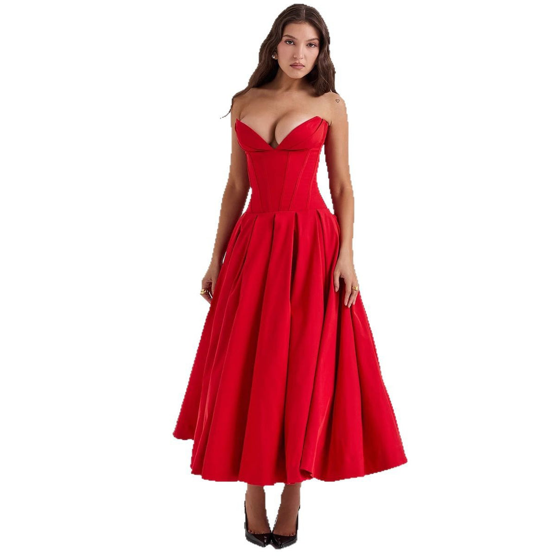 Damen nan trägerloses Korsett-Midikleid mit vorgeformter Miederkonstruktion und ausgestelltem Tellerrock Drune
