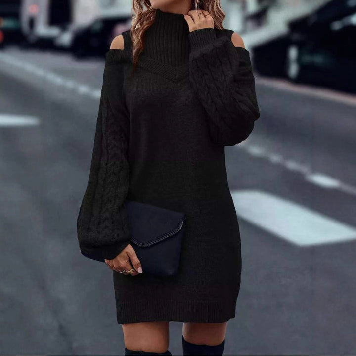 Damen Strickkleid mit hochgeschlossenem Kragen und offener Schulterpartie Drune
