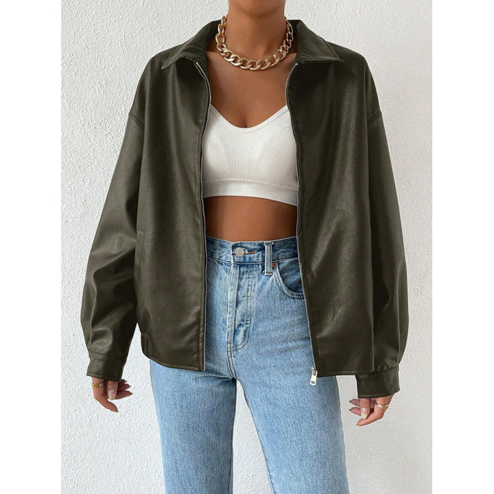 Damen Oversized Kunstleder-Blouson mit Reißverschluss und Hemdkragen Drune
