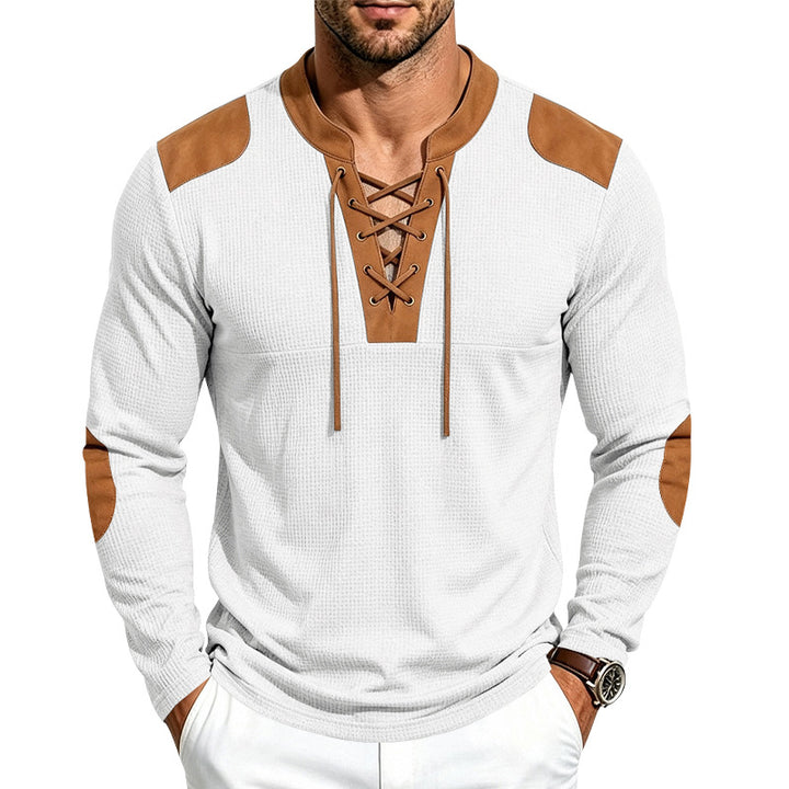 Herren Langarm-Waffelshirt mit Schnürkragen und Kunstlederapplikationen Drune