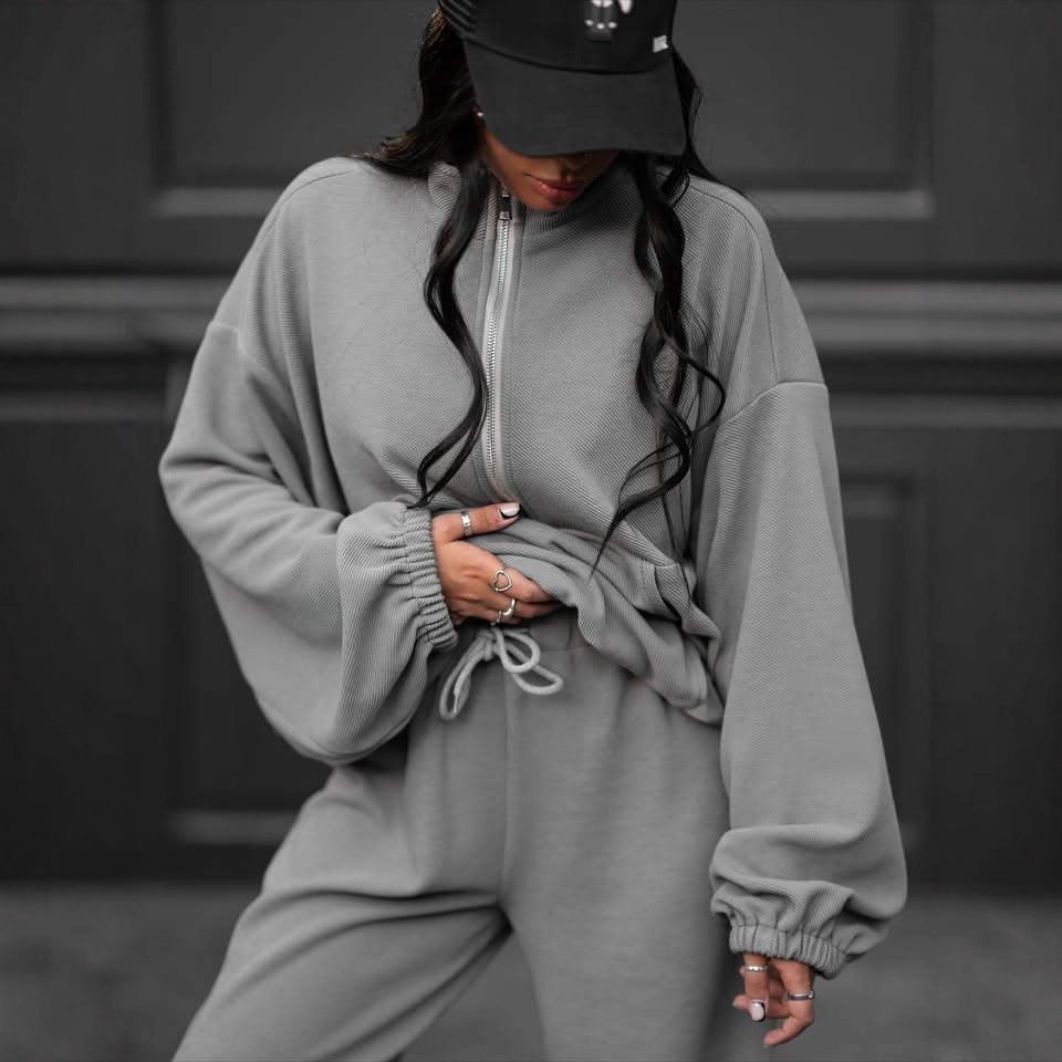 Damen lässiger Zip-Pullover mit weiten Ärmeln und bequemen Jogginghosen Drune