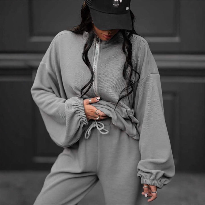 Damen lässiger Sweat-Anzug mit hohem Kragen und elastischen Ärmeln Drune