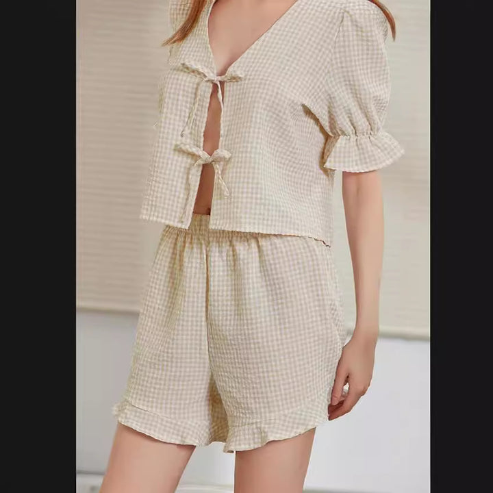 Damen Kurzschlafanzug Set mit Rüschen-Details Drune