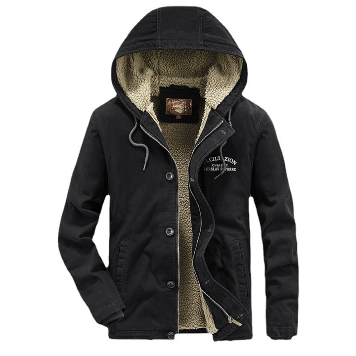Herren Lässige Canvas-Kapuzenjacke mit durchgehendem Sherpa-Futter und doppelter Front Drune