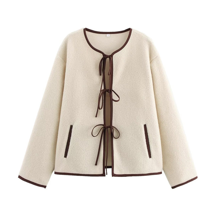 Damen Kurz geschnittene Teddy-Fleece-Jacke mit Bindebändern und Kontrastpaspel Drune