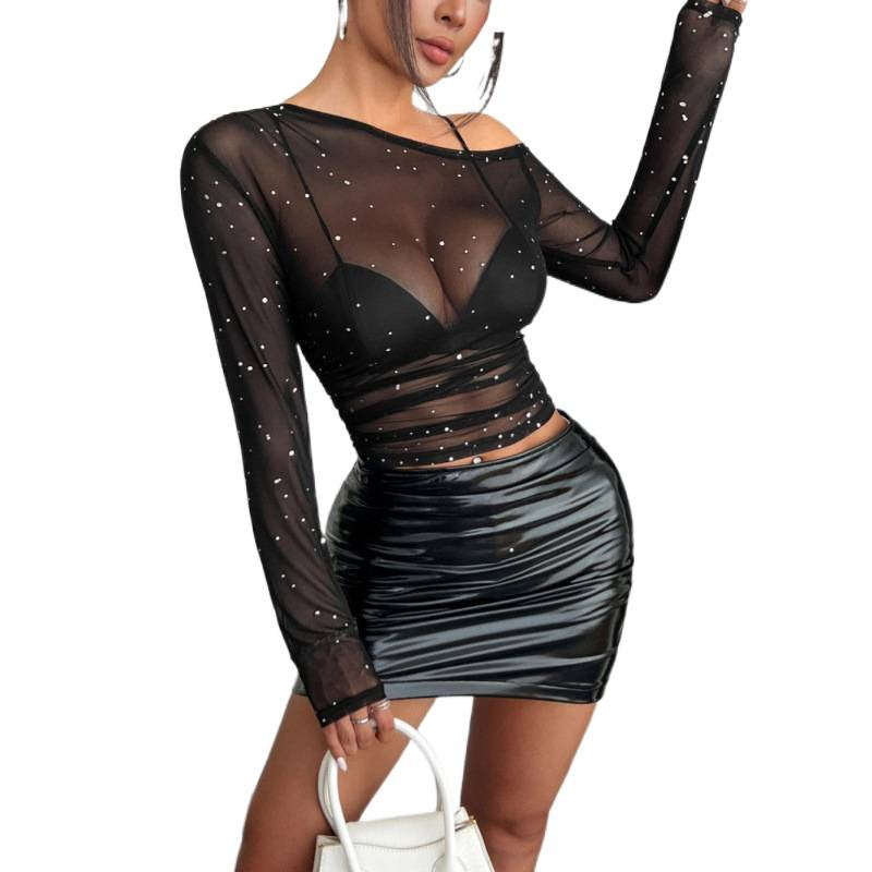 Damen Transparente Bluse mit Strass-Applikationen und langen Ärmeln Drune