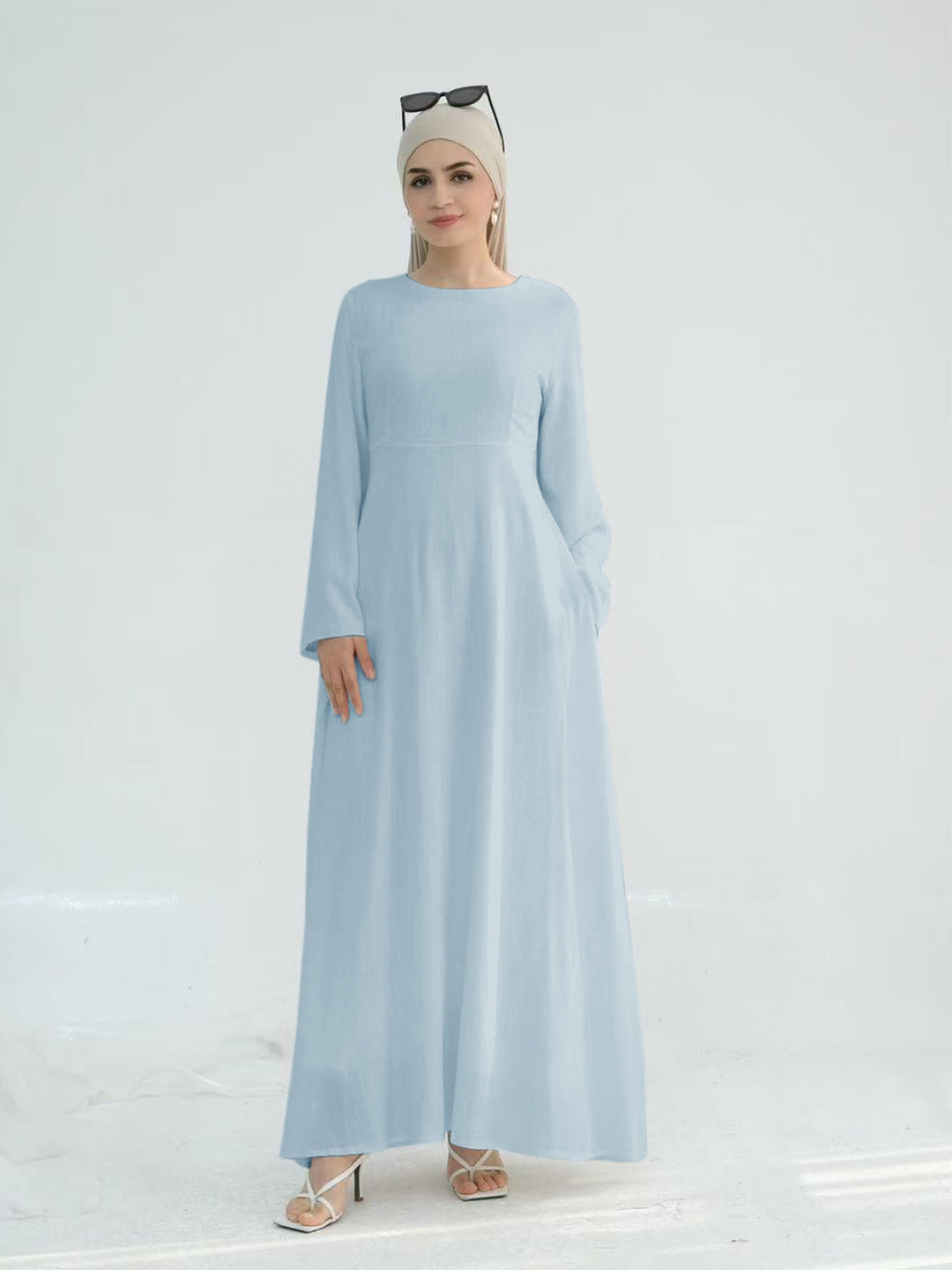 Damen elegantes Maxikleid mit langen Ärmeln und seitlichen Taschen Drune