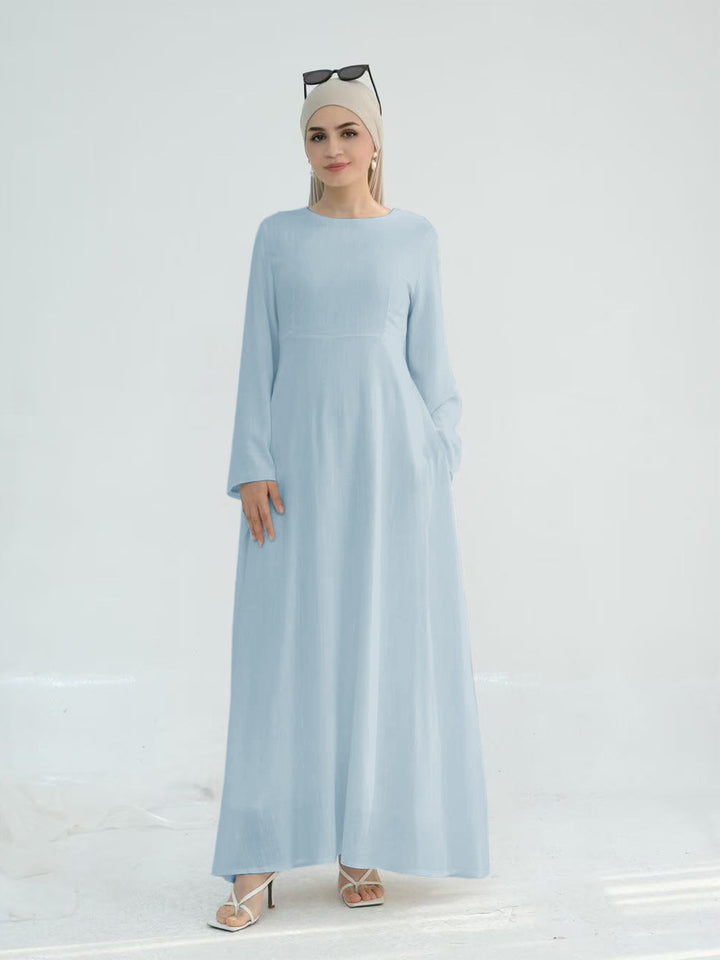 Damen elegantes Maxikleid mit langen Ärmeln und seitlichen Taschen Drune