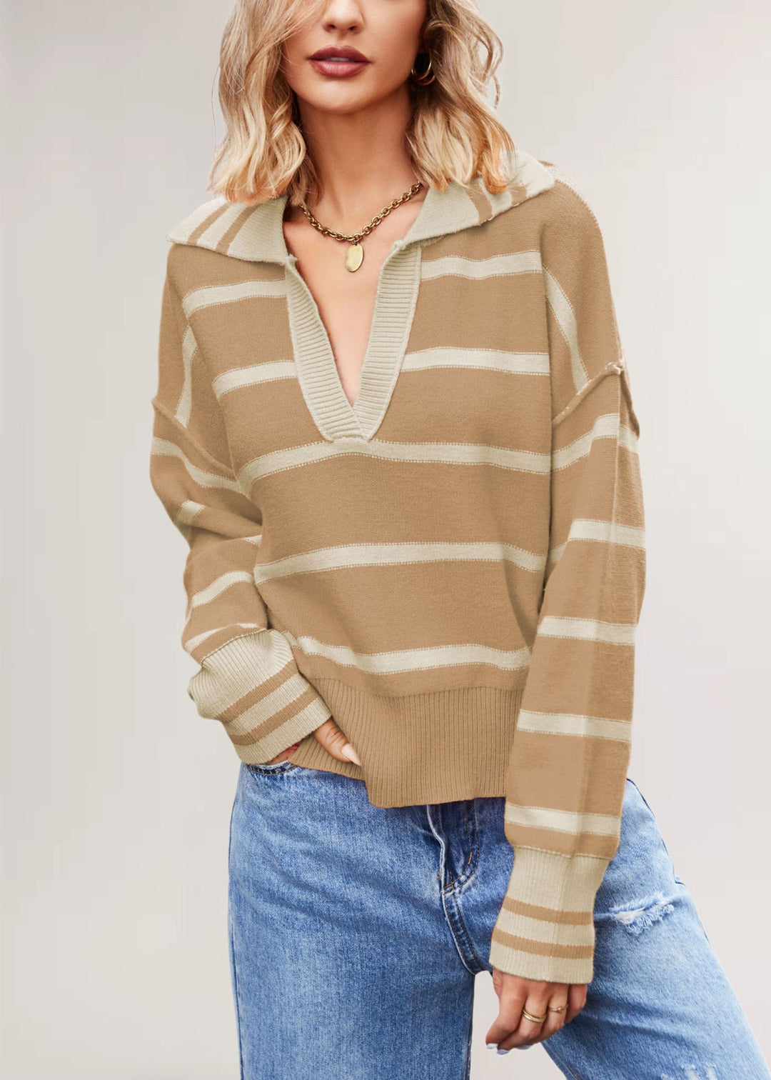 Damen lässiger Pullover mit V-Ausschnitt und gestreiftem Design Drune
