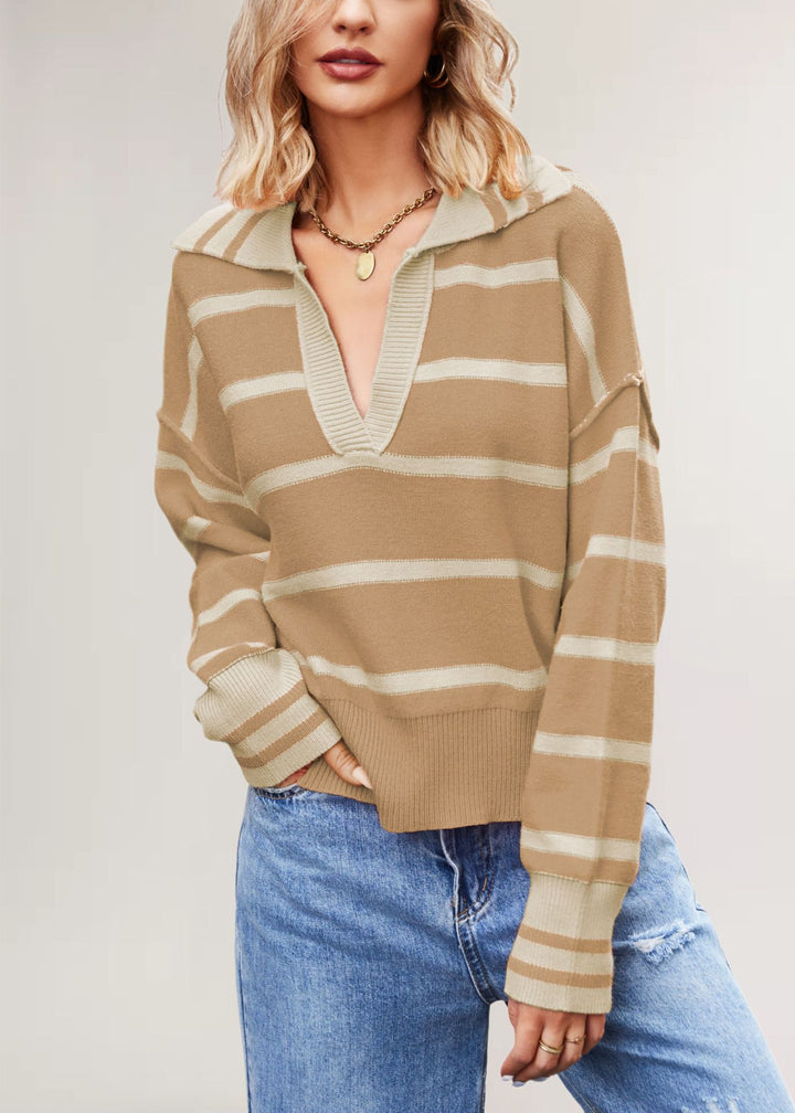 Damen lässiger Pullover mit V-Ausschnitt und gestreiftem Design Drune