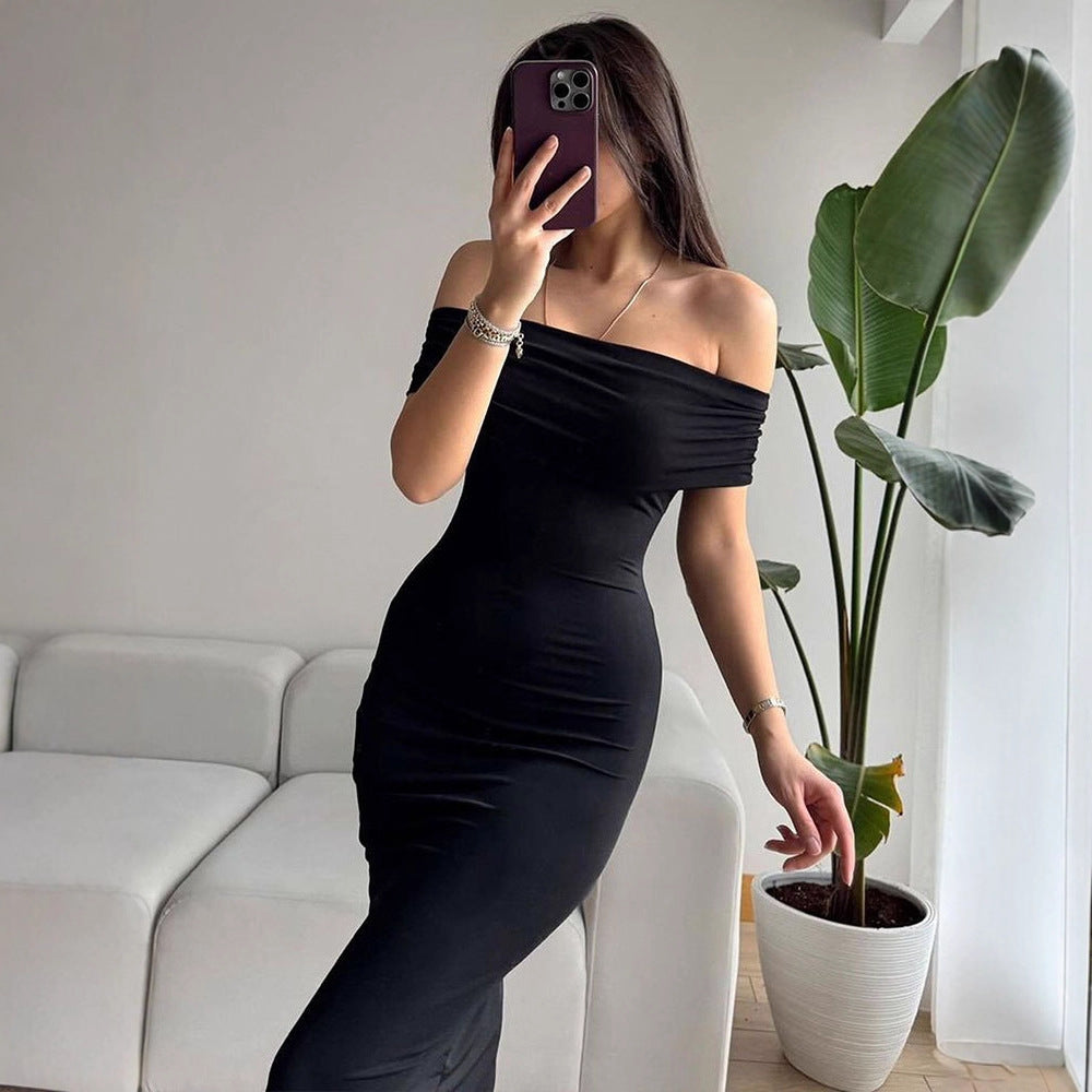 Damen Off-Shoulder Maxikleid mit raffinierten Rüschendetails Drune