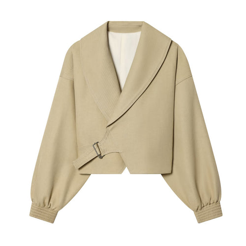 Damen Cropped-Wickeljacke mit großem Schalkragen, Gürtel und Ballonärmeln Drune