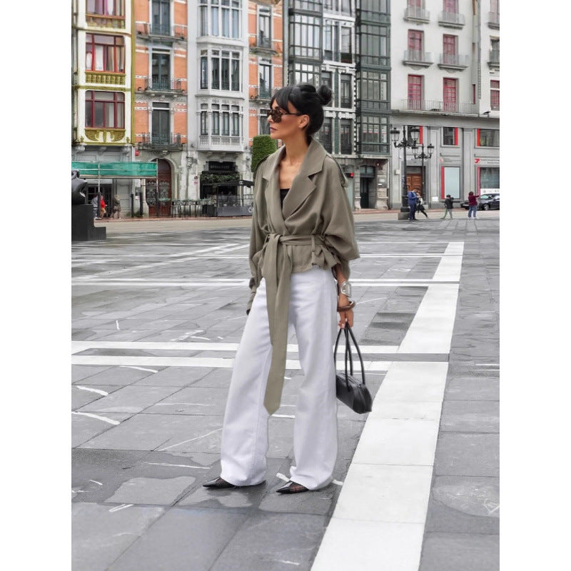 Damen Oversize Trenchjacke im Cropped-Schnitt mit Bindegürtel, überschnittenen Schultern und Ballonärmeln Drune