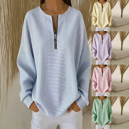 Damen Oversize Pullover mit feiner Rippstruktur und kurzem Zipper Drune