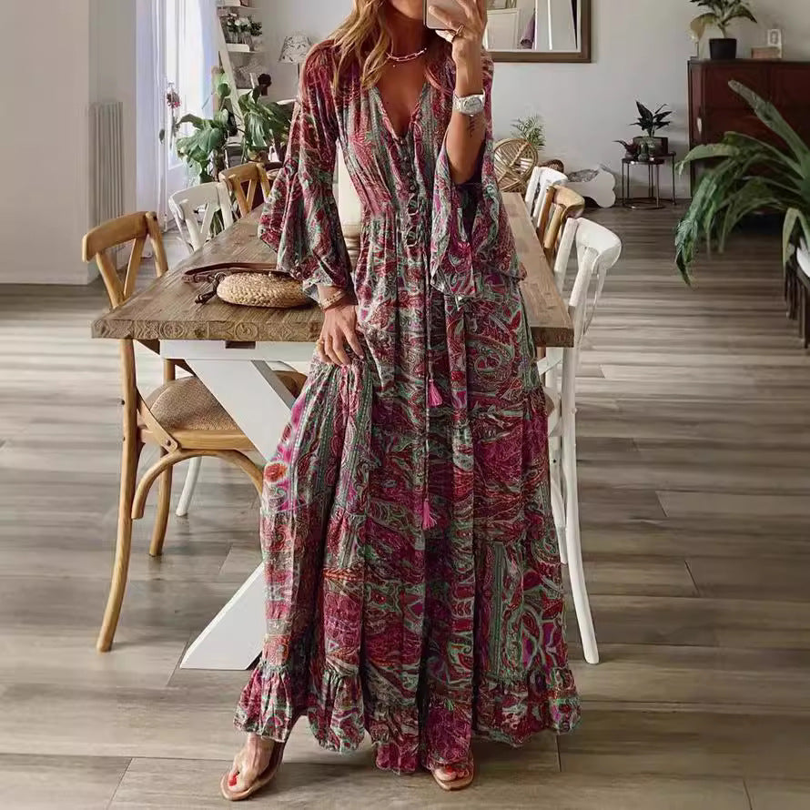 Damen Boho Maxikleid mit Paisley-Print, V-Ausschnitt, Stufenrock und Bindegürtel Drune