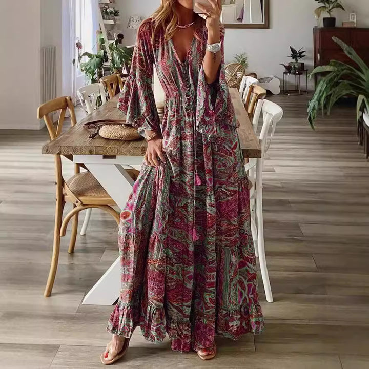 Damen Boho Maxikleid mit Paisley-Print, V-Ausschnitt, Stufenrock und Bindegürtel Drune