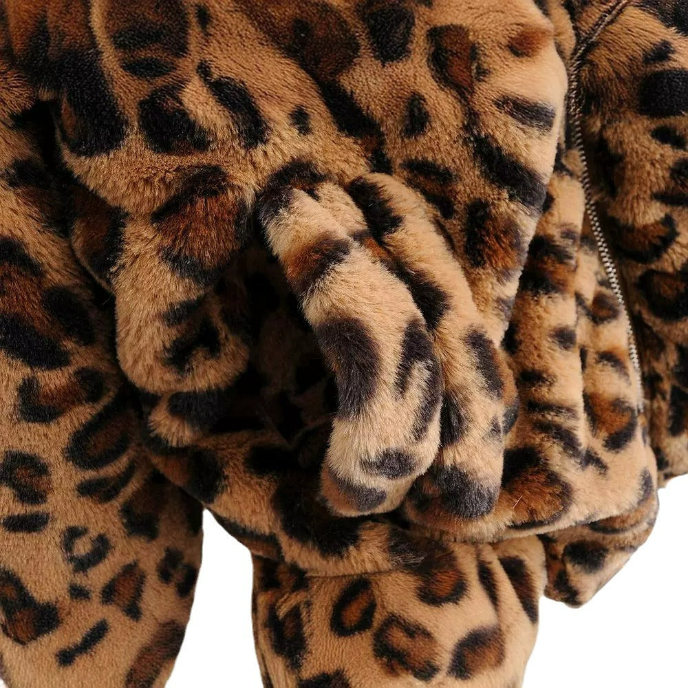 Damen Kunstfelljacke mit Leopardenmuster, durchgehendem Reißverschluss und elastischem Saum Drune