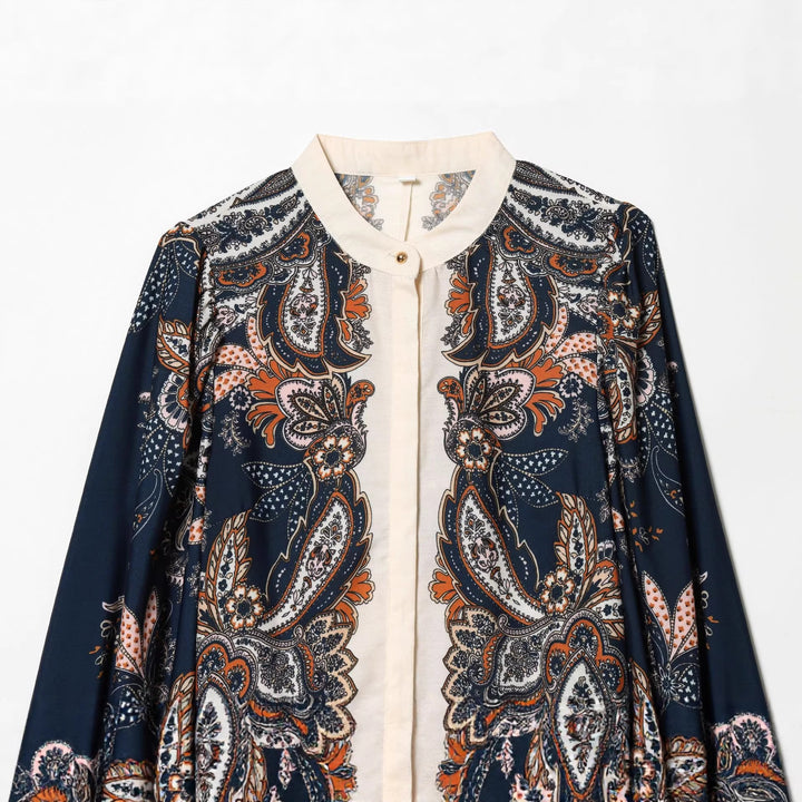 Damen nan fließendes Maxikleid mit Paisley-Muster, Taillenzug, Stehkragen und Stufenrock Drune