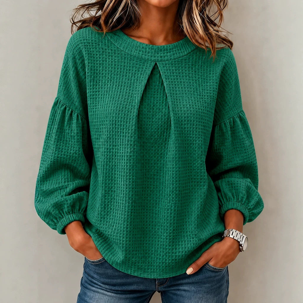 Damen Waffelstrick-Longsleeve mit Balloonärmeln und Vordernaht-Schlitz Drune