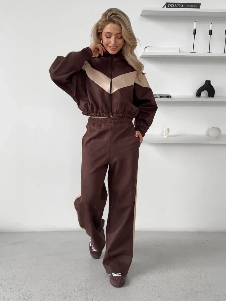 Damen cropped Zipjacke und weite Trackpants mit kontrastierendem Seitenstreifen Drune