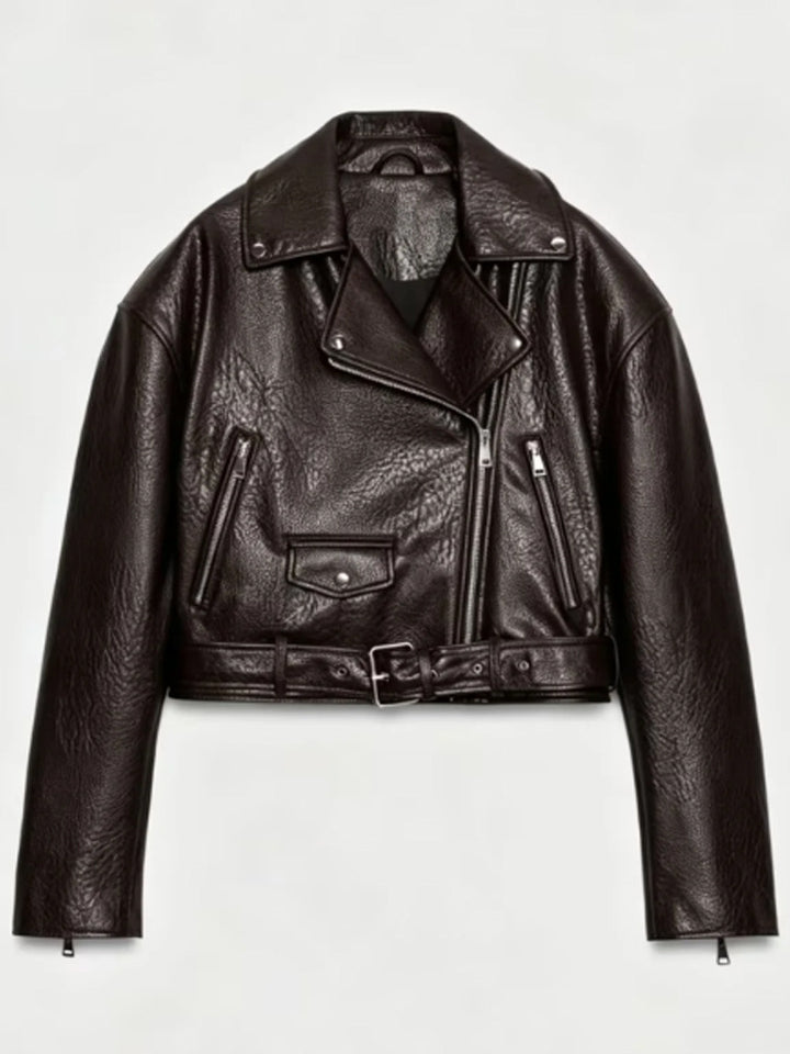Damen Kurz geschnittene Bikerjacke aus Kunstleder mit Taillengürtel und asymmetrischem Reißverschluss Drune