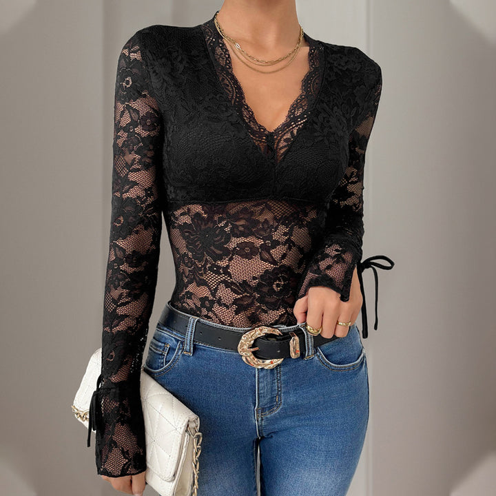 Damen Figurbetonter Spitzen-Body mit semi-transparentem Blumenmesh, V-Ausschnitt & Bindärmeln Drune