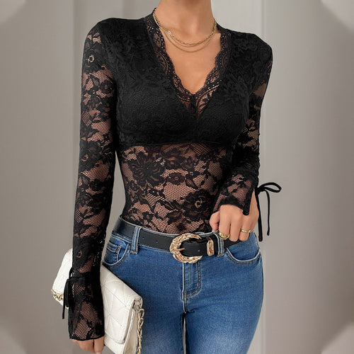 Damen Figurbetonter Spitzen-Body mit semi-transparentem Blumenmesh, V-Ausschnitt & Bindärmeln Drune